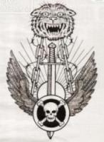a drawing of a tattoos with skull, knife, lions head