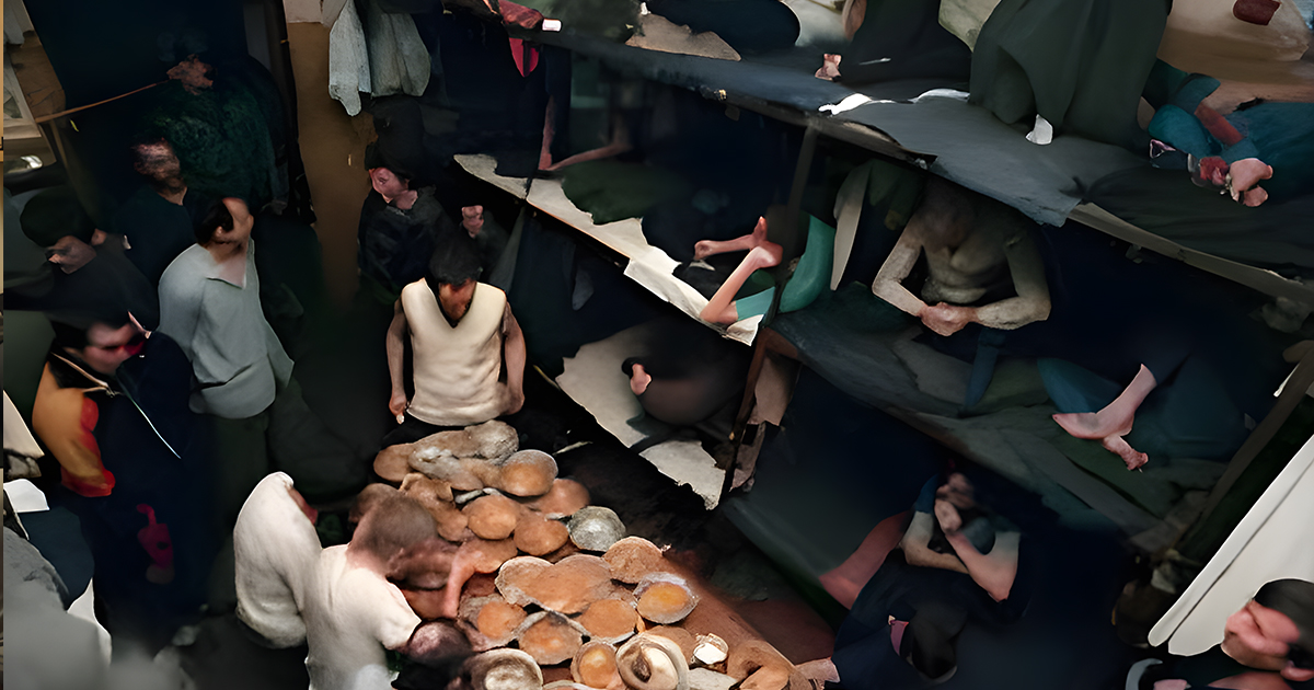 SIZO feeding time. You see table with food and inmates on three story beds
